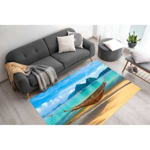 Tapis de chambre d'enfant coloré, tapis imprimé paysage, tapis vue sur la côte, tapis à poils doux - Product Image 1