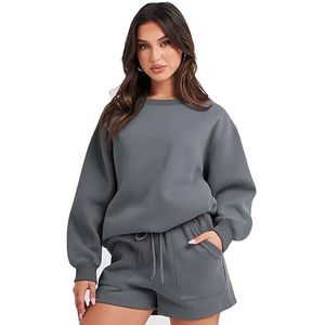 ชุดวอร์ม2ชิ้นสำหรับผู้หญิงเสื้อสเวตเชิ้ตและกางเกงขาสั้นผ้าคอตตอนคอกลมผ้าหนาสีล้วนสำหรับ100% - Product Image 1