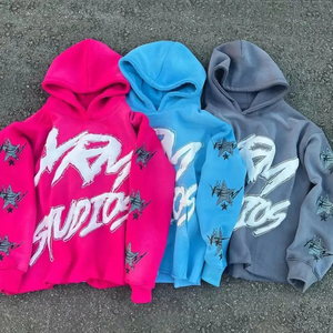 เสื้อฮู้ดสไตล์สตรีทแวร์พร้อมสตูดิโอพิมพ์ลายกราฟฟิตีผ้าฝ้ายสีชมพูฟ้าและสีเทา100% ฤดูหนาวสดใส - Product Image 5