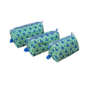 Ensemble de pochettes en coton indien fait à la main Étui à cosmétiques polyvalent pour le travail et les voyages Plusieurs compartiments et résistance à l'eau - Product Image 2