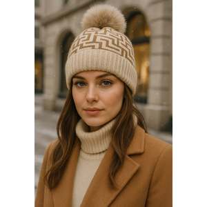 Bonnet en laine beige à pompons et motifs pour femme BERE1144 - BERE1144-BEJ - Product Image 3