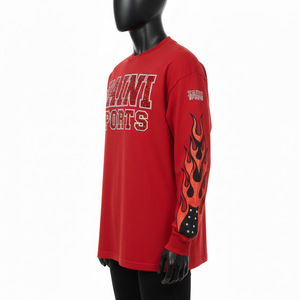 Camiseta de manga larga de algodón de alta calidad, transpirable, roja, con estampado gráfico llamativo y brillante para hombre - Product Image 3