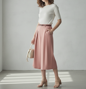 Fabricant vietnamien – Nouvelle jupe-culotte plissée rose respirante avec ceinture, coupe droite, décontractée, pour femme, couleur unie, en tissu peigné - Product Image 6