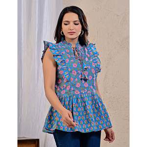 Blue Jaal Bohemian Floral Print <b>Top</b> for Women Embroidery Lace Decorated Long Cotton Poplin Knitted <b>Top</b> XL 4XL for Office Wear - Product Image 4