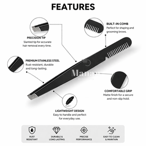 Pinzas para Cejas con Peine, Acero Inoxidable, Punta Inclinada, Herramienta de Depilación de Precisión, Color Negro, Herramienta 2 en 1 para Cejas - Product Image 4