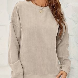 Embroidered <b>Plain</b> Women Heavyweight Thick 400 GSM Crew Neck Jumper Baggy Crewneck Oversized Corduroy Corded <b>Sweatshirt</b> - Product Image 3