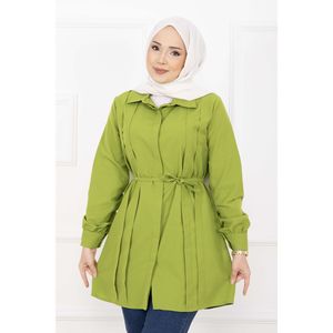 Camisa Hijab Verde Oliva de Longitud Completa con Botones Ocultos y Detalle de Pliegues, Blusa Modesta - Product Image 2