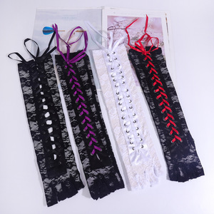 Gants sexy en dentelle mi-doigts pour femmes HZS-25055, longs jusqu'au coude, pour soirée, costume sexy, club, mitaines à ruban - Product Image 4