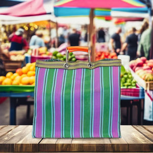 Sac de shopping réutilisable en nylon tissé rayé, écologique, personnalisé, fabriqué à la main, recyclé, pour la plage, les cosmétiques - Product Image 1