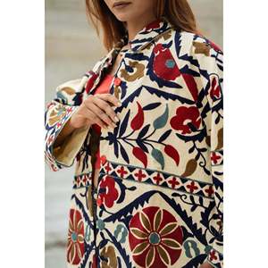 Autumn Winter Boho Gypsy Artisan <b>Hand</b> Crafted Luxury Outerwear Cotton Suzani Embroidered Short Jacket Olive Green Perfect Gift - Product Image 2