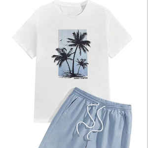 Ensemble 2 pièces personnalisé pour homme, style décontracté, respirant, 100 % coton tricoté, t-shirt et short de style urbain, survêtement court - Product Image 1