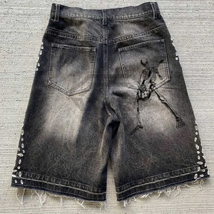 Fabrication de vêtements baggy personnalisés et perlés pour hommes, shorts en jean streetwear avec broderie dégradée, nouveaux shorts en jean strass - Product Image 4