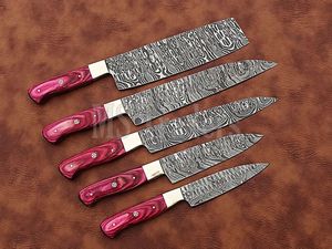 Juego de Cuchillos de Chef de Acero de Damasco de 5 Piezas, Hechos a Mano, Calidad Premium con Mango de Madera, Funda de Cuero Personalizable OEM - Product Image 4