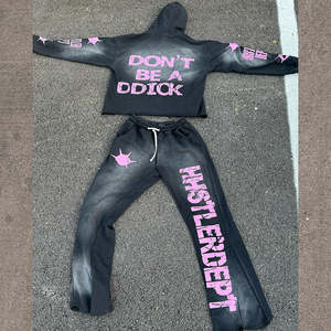 ชุดวอร์มผ้าคอตตอนรุ่นหนาสำหรับผู้ชายชุดวอร์มแบบมีฮู้ดสำหรับซักแบบกรดกางเกงกันหนาวแบบซ้อนกันซีดจางใส่ได้ตามต้องการโลโก้100% - Product Image 1