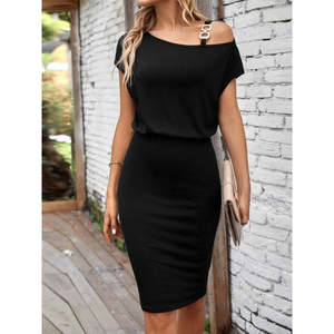 Women's Short-Sleeved, One-Shoulder Strap and Accessory Detail Crepe <b>Dress</b> with <b>Elastic</b> Waist, 36532 - Black - Product Image 1