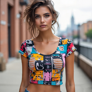 Haut court à manches courtes et à découpe pour femmes Design Streetwear en détresse avec logo personnalisé imprimé lavé - Product Image 1