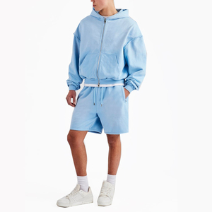 Conjunto de pantalones cortos de algodón de peso pesado para hombre, conjunto de Sudadera con capucha cuadrada de diseño personalizado, Sudadera con capucha técnica impresa personalizada con conjunto de pantalones cortos - Product Image 4