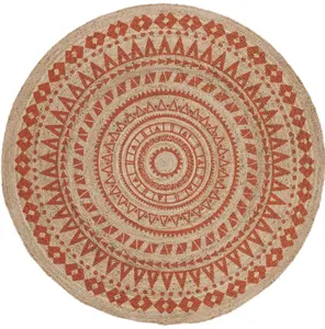 MORE Printed Jute Area Rug - Round- Natural Yarn- Vintage Beige Braided Rug- Eco Friendly Rugs For Bedroom