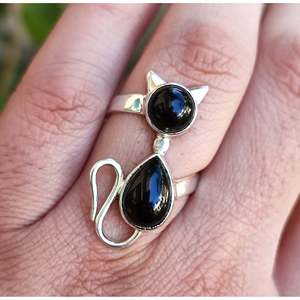 Handmade Sterling Silver <b>Cat</b> <b>Ring</b> Black Onyx Gemstone Set Inlay Unique <b>Cat</b> Gift for Her Licensed Private Brand - Product Image 2