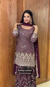 Ensemble de vêtements ethniques de créateur pakistanais 3 pièces brodés à paillettes indiennes Sharara Gharara Kurti Georgette Occasions spéciales - Product Image 3