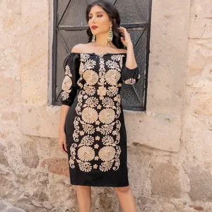 Heiß verkaufendes mexikanisches besticktes Maxi kleid Hochzeits stil Traditionelles mexikanisches Kleid Artisanal Mexican Party Dress Blumen baumwolle