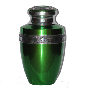 Urnas de cremación para adultos de aluminio con Peltre grabado y acabado de color verde para cenizas humanas Suministro funerario de metal - Product Image 1