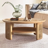 Table basse ronde à deux niveaux en bois avec base en rotin haute résistance, couleur naturelle, table basse pour salon