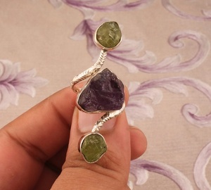 Handmade 925 Silver <b>Ring</b> with Amethyst and <b>Peridot</b> Natural Raw Gemstone Three Stone Gold Plated for Christians - Product Image 3