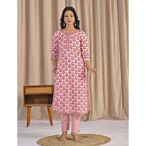 Conjunto de Kurta y Pantalón de Algodón con Estampado a Mano Azul, Estilo Pakistaní, Vestidos Indios con Anarkali Lehenga Choli Hecho de Tela de Red - Product Image 1