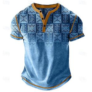 Camiseta de Verano 2026 para Hombre, Cuello en V, Estampado a Cuadros 3D, Estilo Retro Urbano, Abotonada, Manga Corta, para Exteriores - Product Image 1