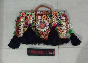 Traditional Handcrafted Bohemian style Banzara Bag Floral Embroidered Satchel With Tassels And Shell Decor - Product Image 2