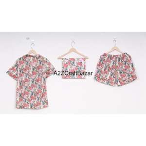 Floral Design <b>Summer</b> Short Sleeve Non Woven <b>Pajama</b> Set Printed 100% Cotton Soft Breathable Sleepwear Daily Wear <b>For</b> Girls - Product Image 5