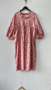 Vestido MIDI de algodón hecho a mano con estampado de corazón rojo, bata vintage a rayas, manga abullonada, ajuste holgado para el Día de San Valentín, suministro ODM - Product Image 6