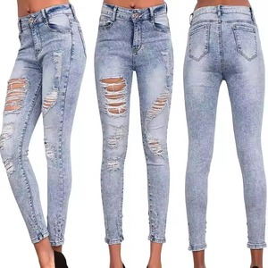 กางเกงยีนส์ขาตรงสลิมฟิตสำหรับผู้หญิงผ้าสแปนเด็กซ์สต็อกแบบจีนมีรอยขาดเข้ารูป - Product Image 2