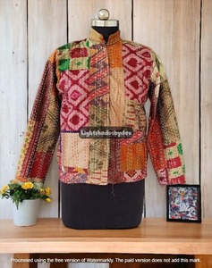 Veste Kantha en patchwork fait à la main, veste Kantha en patchwork de soie cousue à la main, manteau Kantha en soie, veste courte Kantha matelassée - Product Image 2