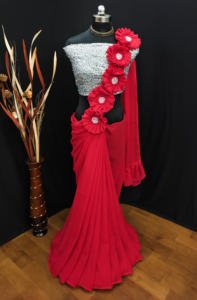 Nouveau sari fantaisie en georgette tendance et prêt à porter avec deux pièces de blouse, création LD Inde et Pakistan, embossé - Product Image 3