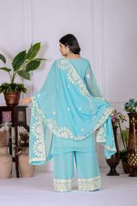 Alta calidad Skyblue Faux Georgette Top Palazzo para mujeres Indian Pakistani Wedding & Festival Suit Party Wear - Product Image 4