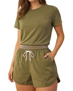 Women Olive Green Round Neck <b>T</b> <b>Shirt</b> And Drawstring Shorts Two Piece Set Casual Athletic Sportswear Summer Activewear Outfit - Product Image 1