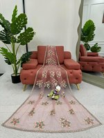 Kain Sutra Georgette Lembut Tebal Klasik Trendi Berwarna Merah Muda Terang, Bordir, Panjang, Ukuran Sesuai Pesanan, Saree Pesta Desainer