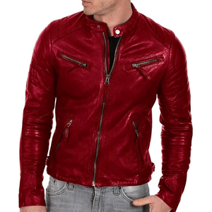 <b>Hot</b> Selling Men's <b>Red</b> Genuine Lambskin Leather Sportswear Custom Design Windproof Motorbike Jacket Plus Size Options - Product Image 3