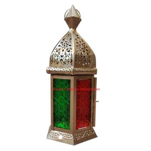Moroccan Style Decorative Hanging <b>Lantern</b> With Pink Embossed Glass Panels & Aged Brass Finish Metal <b>Tealight</b> Candle Holder - Product Image 6