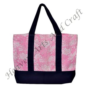 Bolsa de Mano de Algodón de Moda con Estampado de Bloques y Asa Negra OEM, Bolsa de Playa Floral, Bolsa de Compras Jumbo - Product Image 2