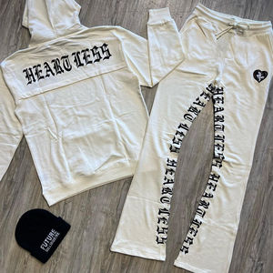 Vente en gros 100% coton pantalon de survêtement et sweat à capuche avec logo personnalisé ensemble de survêtement évasé unisexe pour hommes grande taille vêtements d'hiver - Product Image 2