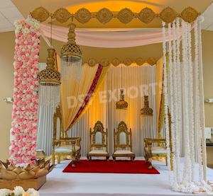 เก้าอี้เวทีงานแต่งงานสีขาวทองแบบราชวงศ์สูงด้านหลังสำหรับเจ้าสาวเจ้าบ่าวเก้าอี้ทำจากไม้ทึบสวยงาม - Product Image 5