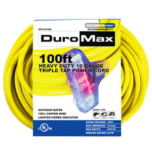 สายพ่วงภายนอกอาคาร DuroMax XPC10100C ยาว 100 ฟุต ขนาด 10 เกจ แบบสามทาง สายทองแดง 125V หุ้มฉนวน PVC - Product Image 1