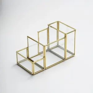 Factory Hot Sale Decorative Gold Metal Framed Glass Pen Holder Desk Organizer for Home, Office and Women Makeup Accessories