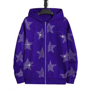 Nueva llegada Sudadera con capucha 100% algodón polar personalizable con su propio logotipo Diamond Zip Rhinestone detalle para el invierno - Product Image 6