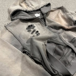 Sweat à capuche surdimensionné personnalisé pour hommes avec double fermeture éclair, Streetwear brodé en détresse, lavage à l'acide éponge lourd - Product Image 3