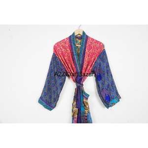 Robe longue bohème en patchwork de sari en soie 100% faite à la main pour femmes, col en V, cordon de serrage, manches longues, douce, respirante, hiver - Product Image 2