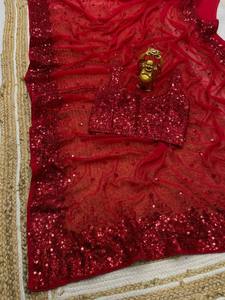 ผ้าส่าหรีสวยที่มีลำดับการทำงานกับลำดับขอบลูกไม้, ชุดแต่งงานส่าหรี, ชุดปาร์ตี้ออกแบบส่าหรี - Product Image 5